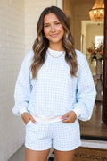 LAS Plaid Baggy Drawstring Casual Shorts Set (S-4X): Sky Blue / L
