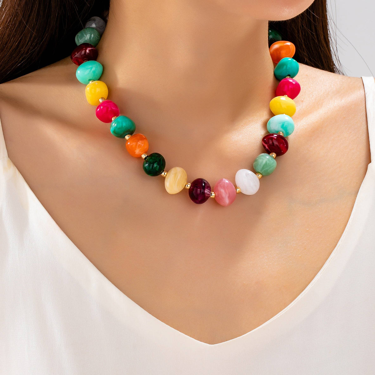 Multi Colored Resin Pebble Beaded Necklace | 80N93363: MULTI