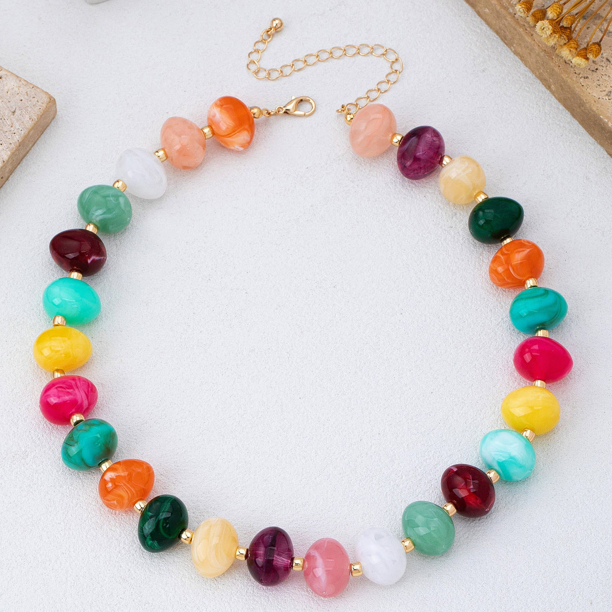 Multi Colored Resin Pebble Beaded Necklace | 80N93363: MULTI