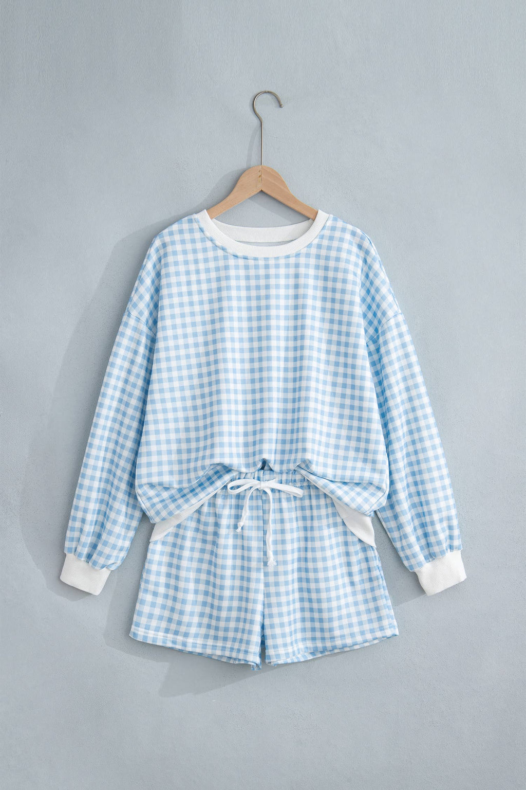 LAS Plaid Baggy Drawstring Casual Shorts Set (S-4X): Sky Blue / M
