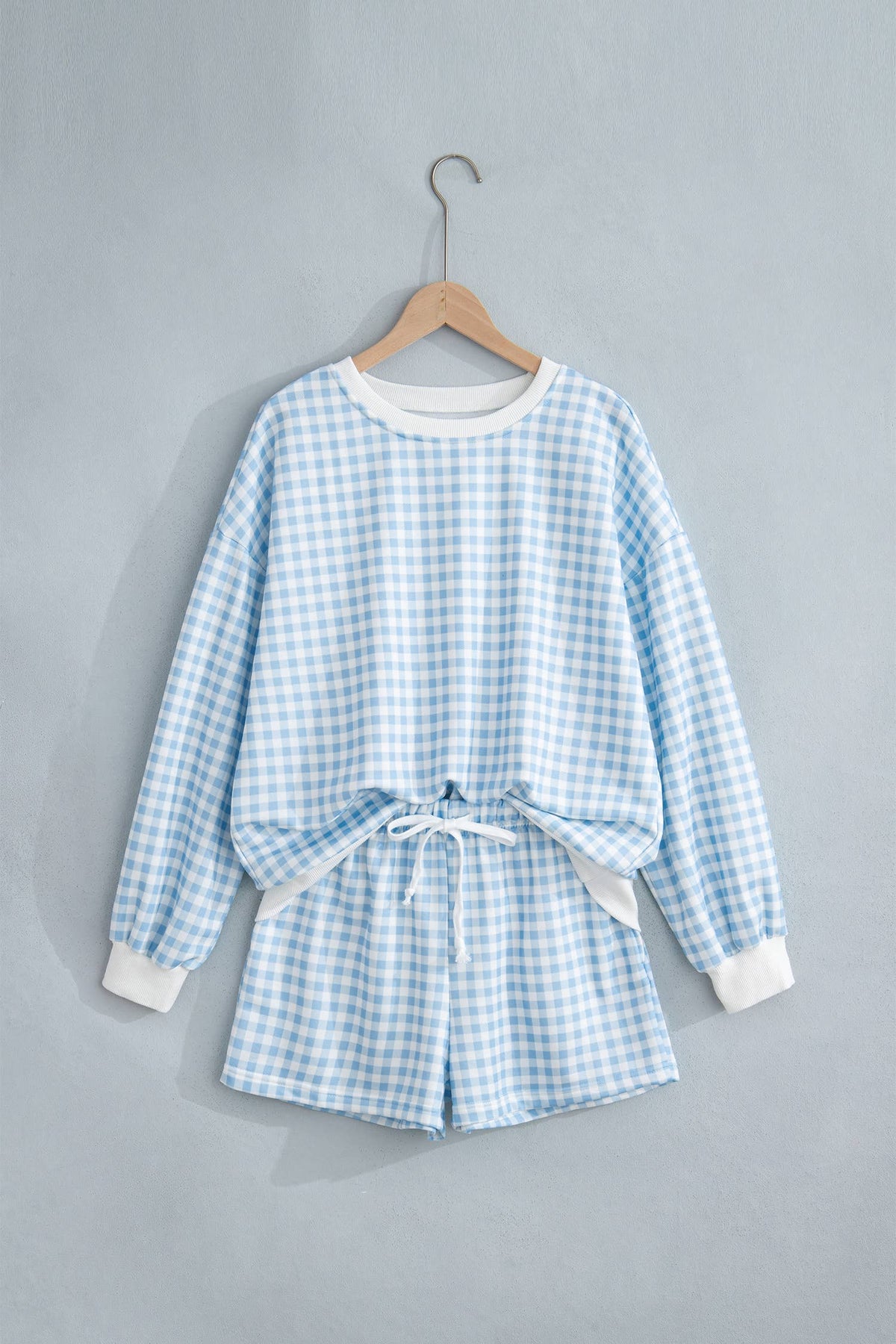 LAS Plaid Baggy Drawstring Casual Shorts Set (S-4X): Sky Blue / M