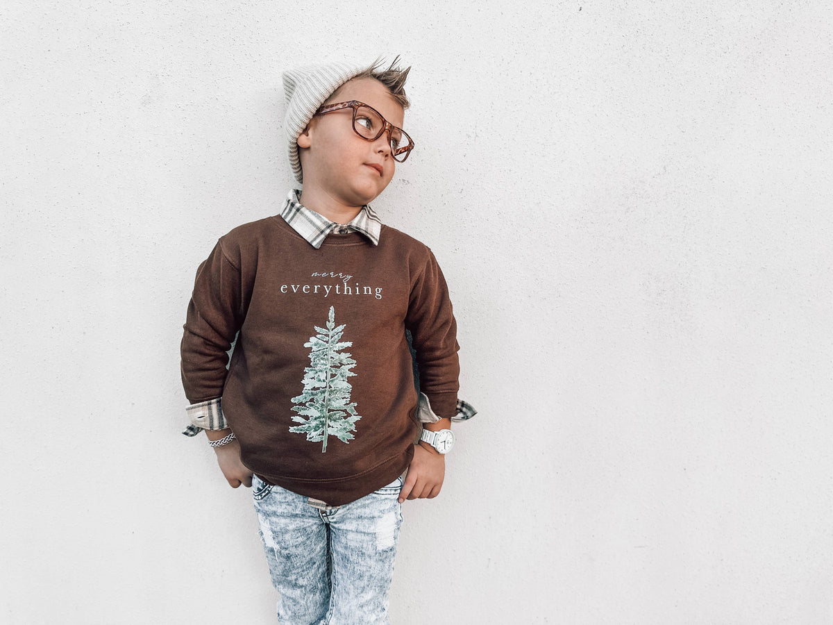Merry Everything | Kids Christmas Sweatshirt: Brown / 4/5