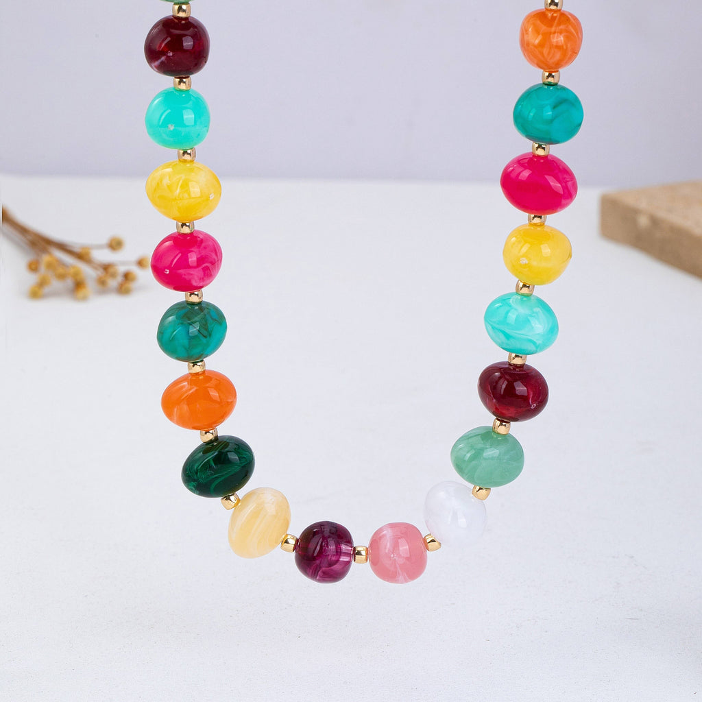 Multi Colored Resin Pebble Beaded Necklace | 80N93363: MULTI