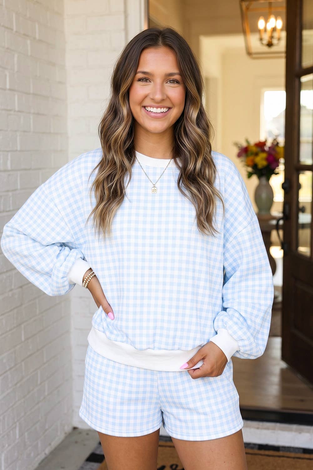 LAS Plaid Baggy Drawstring Casual Shorts Set (S-4X): Sky Blue / L