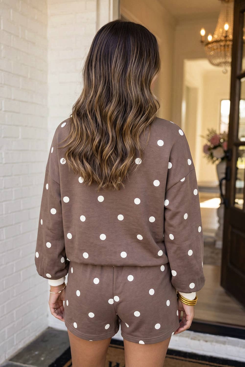 LAS Polka Dot Mock Neck 2pcs Shorts Set (S-XL): Brown / XL