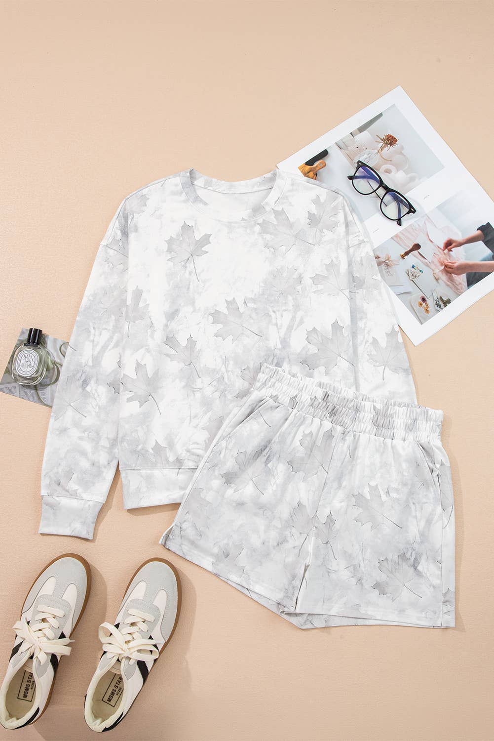 LAS Abstract Print Top and Elastic Waist Short Set (S-XL): Beige / Missy / M