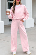 Pink Stripe Color Block Trim Mock Neck Pullover Drawstring Pants Casual Outfit