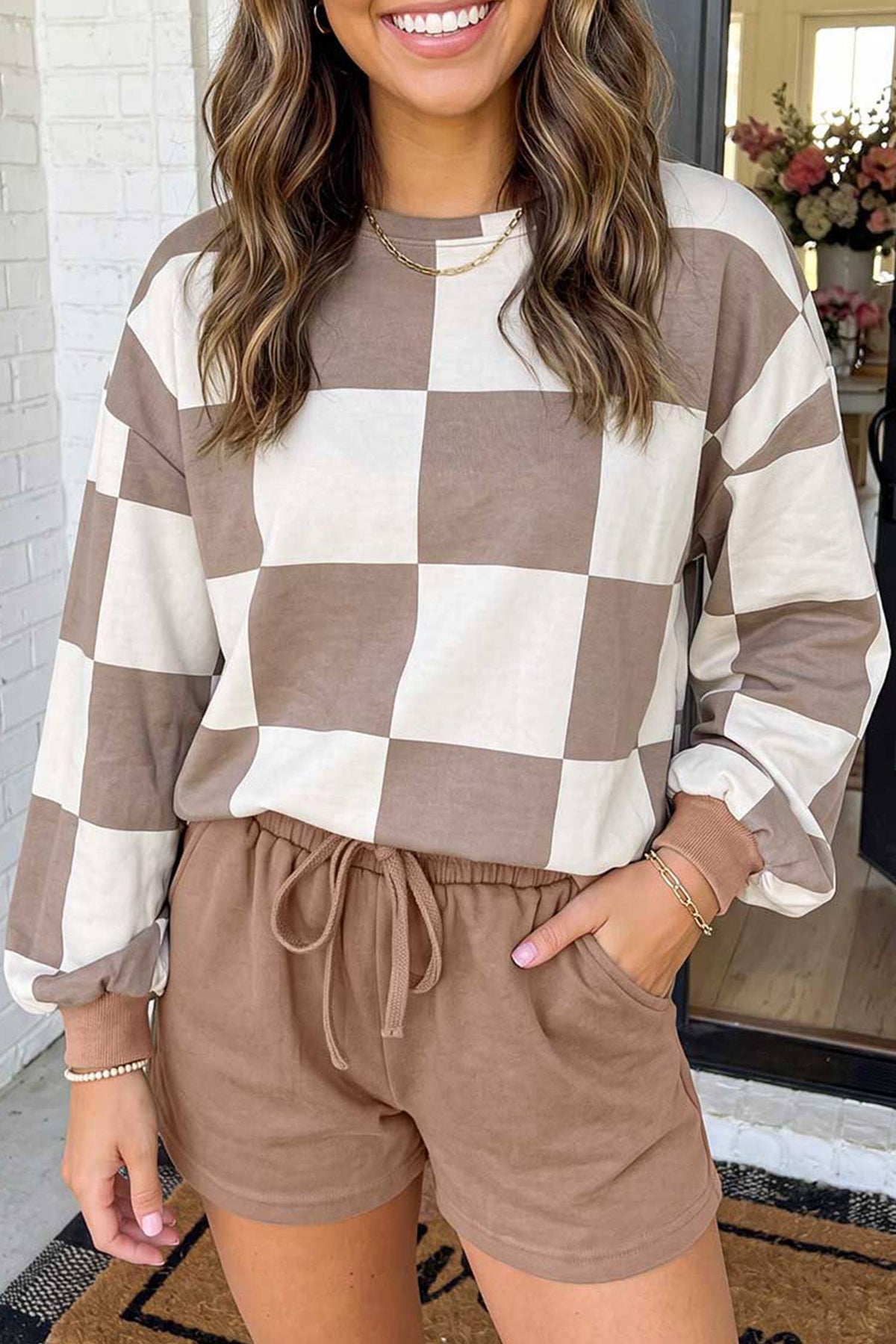 LAS Plaid Top Solid Drawstring Shorts Lounge Set (S-4X): Khaki / XL