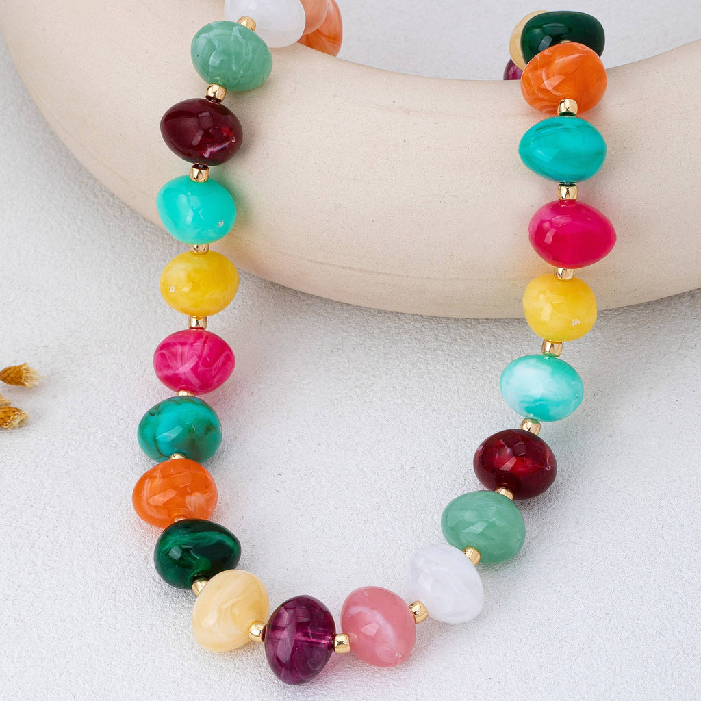 Multi Colored Resin Pebble Beaded Necklace | 80N93363: MULTI