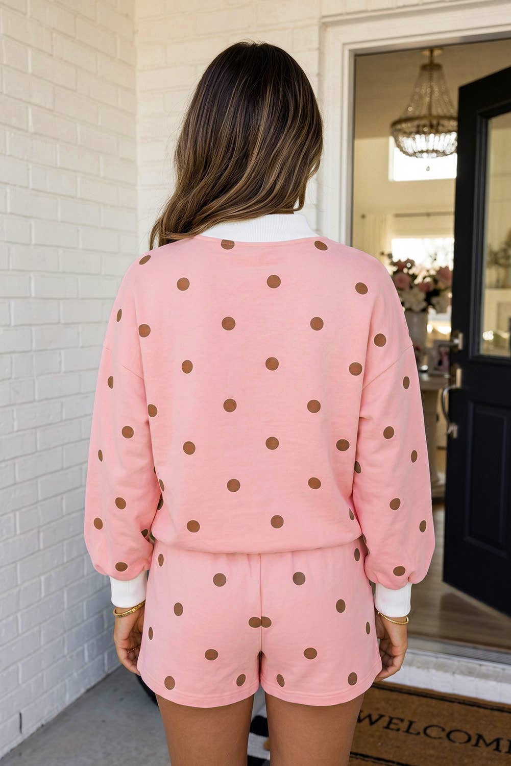 LAS Polka Dot Mock Neck 2pcs Shorts Set (S-XL): Brown / S