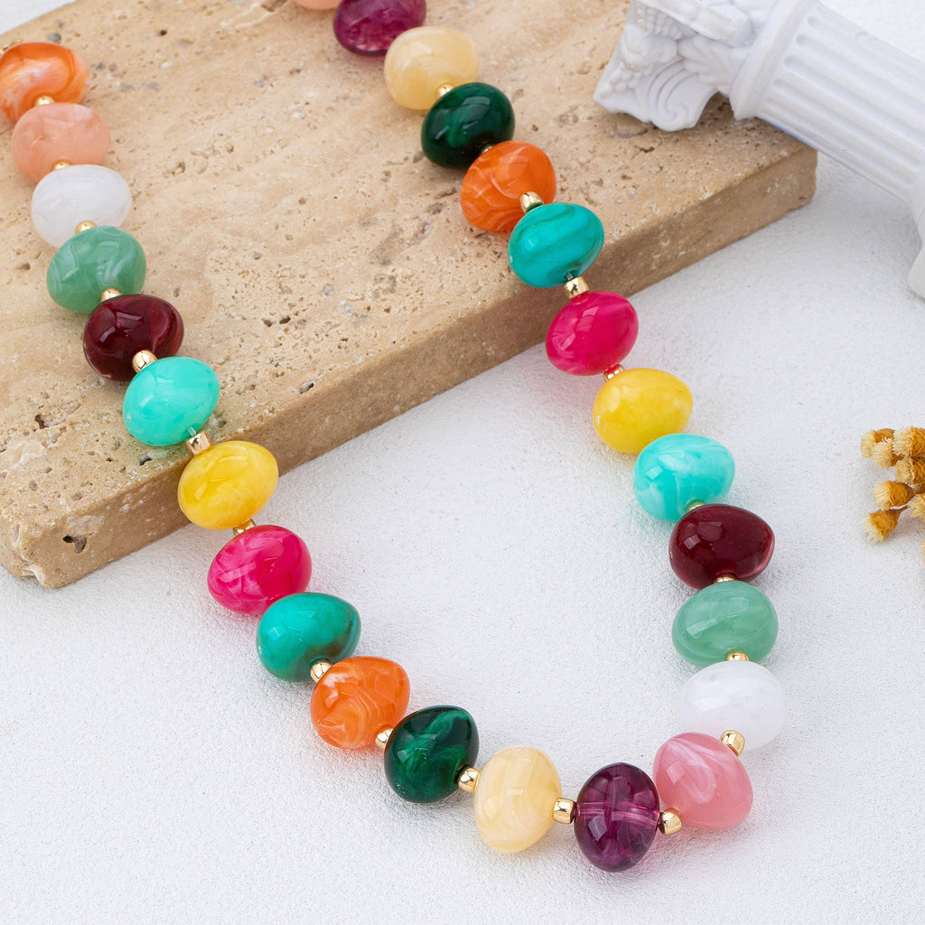 Multi Colored Resin Pebble Beaded Necklace | 80N93363: MULTI