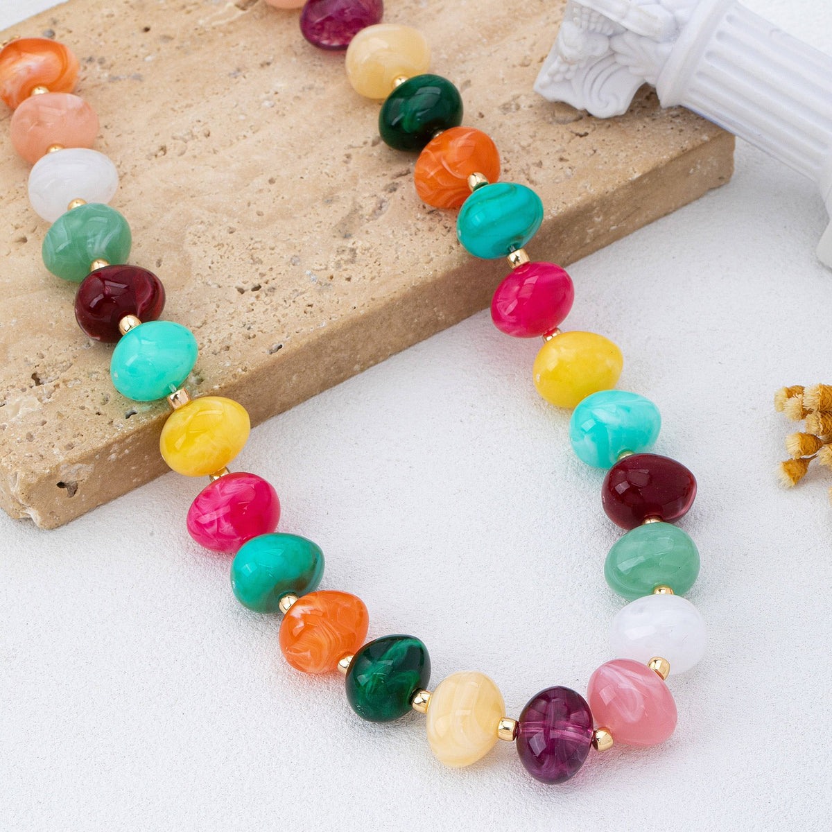 Multi Colored Resin Pebble Beaded Necklace | 80N93363: MULTI