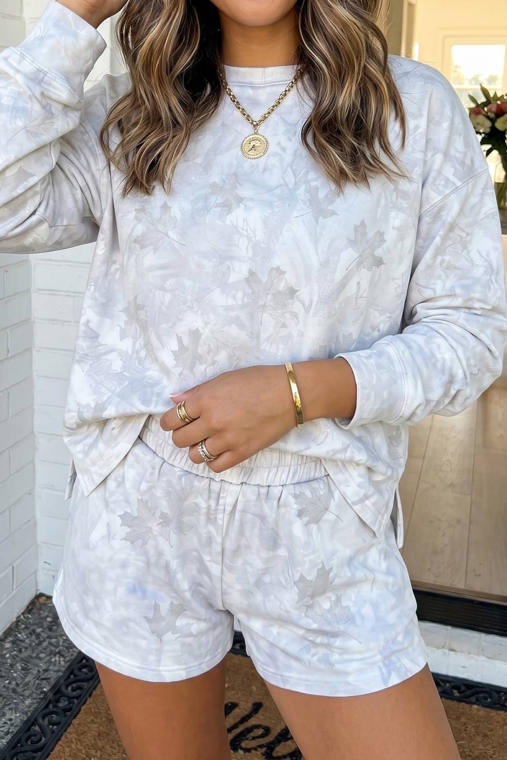 LAS Abstract Print Top and Elastic Waist Short Set (S-XL): Beige / Missy / XL