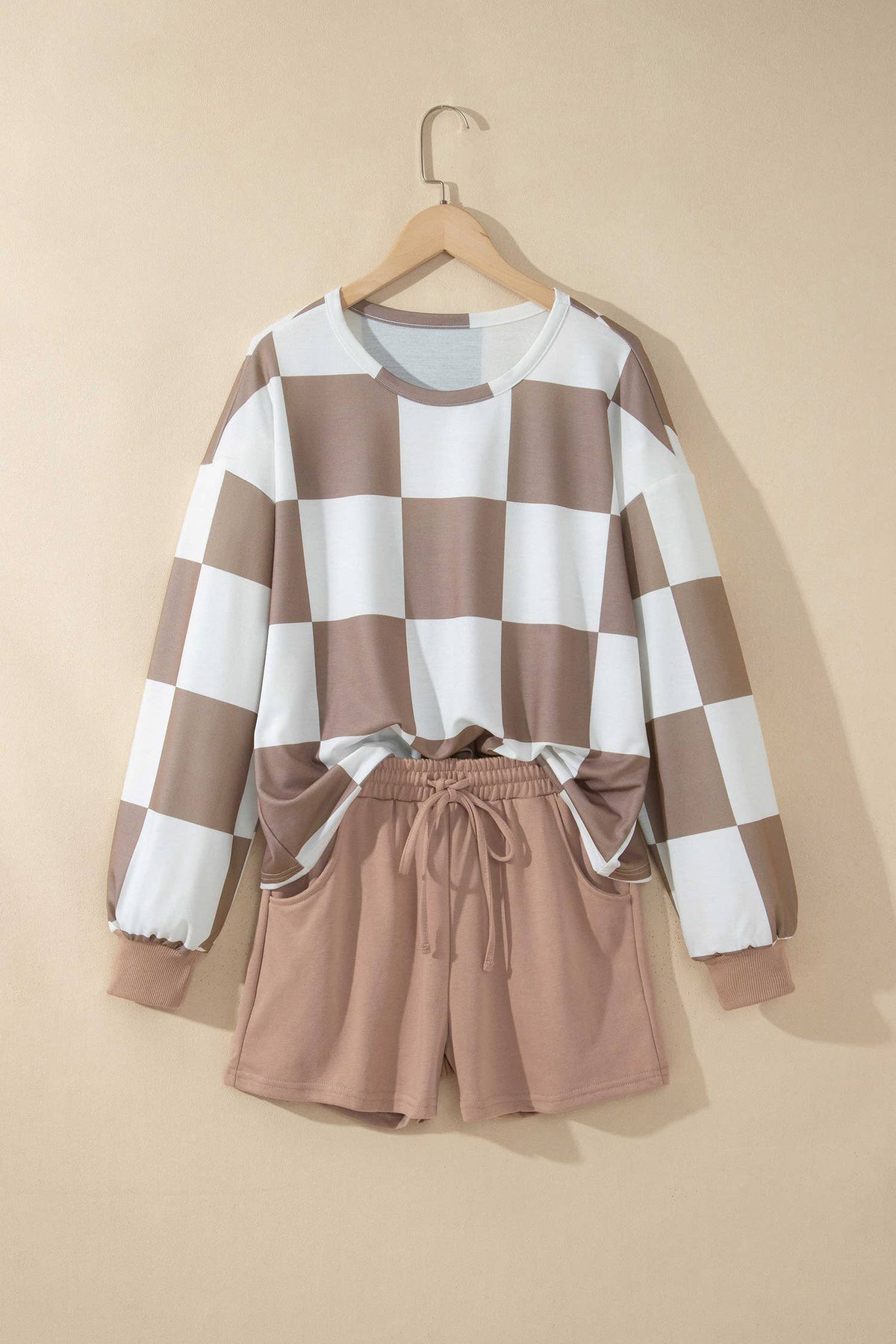 LAS Plaid Top Solid Drawstring Shorts Lounge Set (S-4X): Khaki / XL