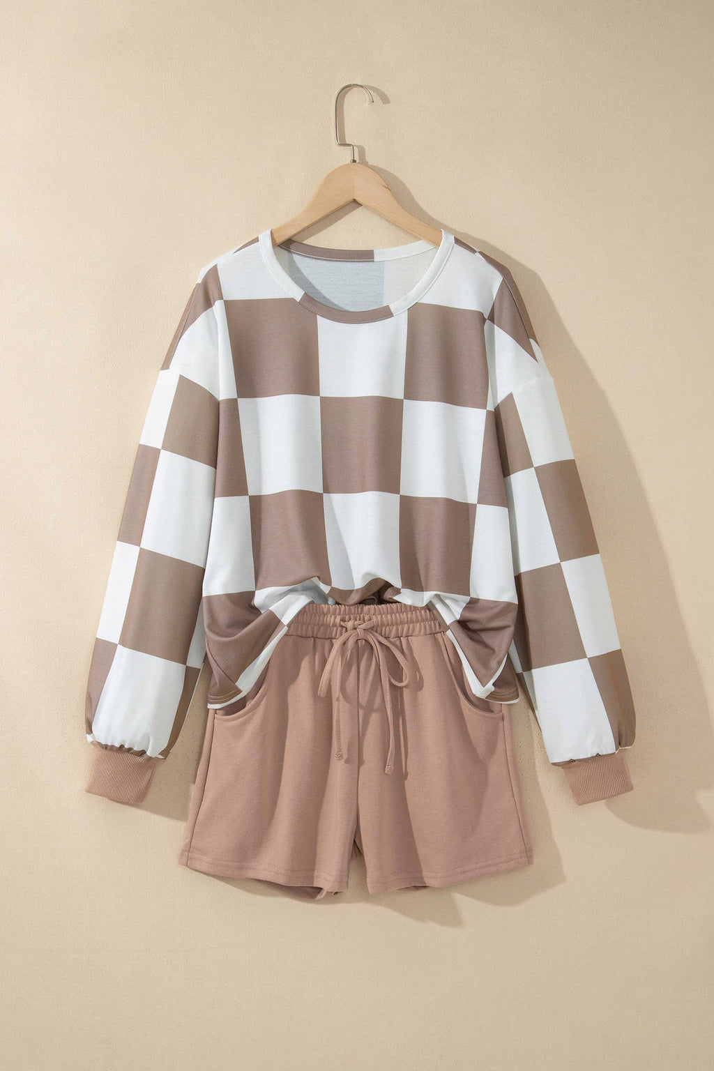 LAS Plaid Top Solid Drawstring Shorts Lounge Set (S-4X): Khaki / L