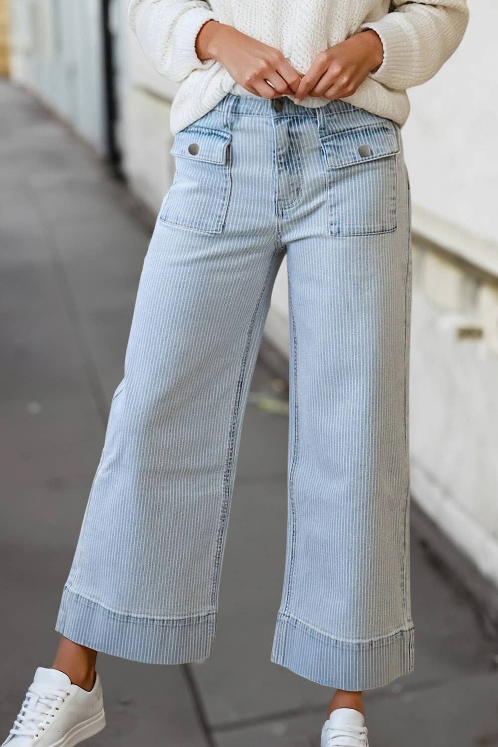 Casual Flap Pocket Cuffed Hem Wide Leg Jeans | 4-16: Sky Blue Stripe / 8