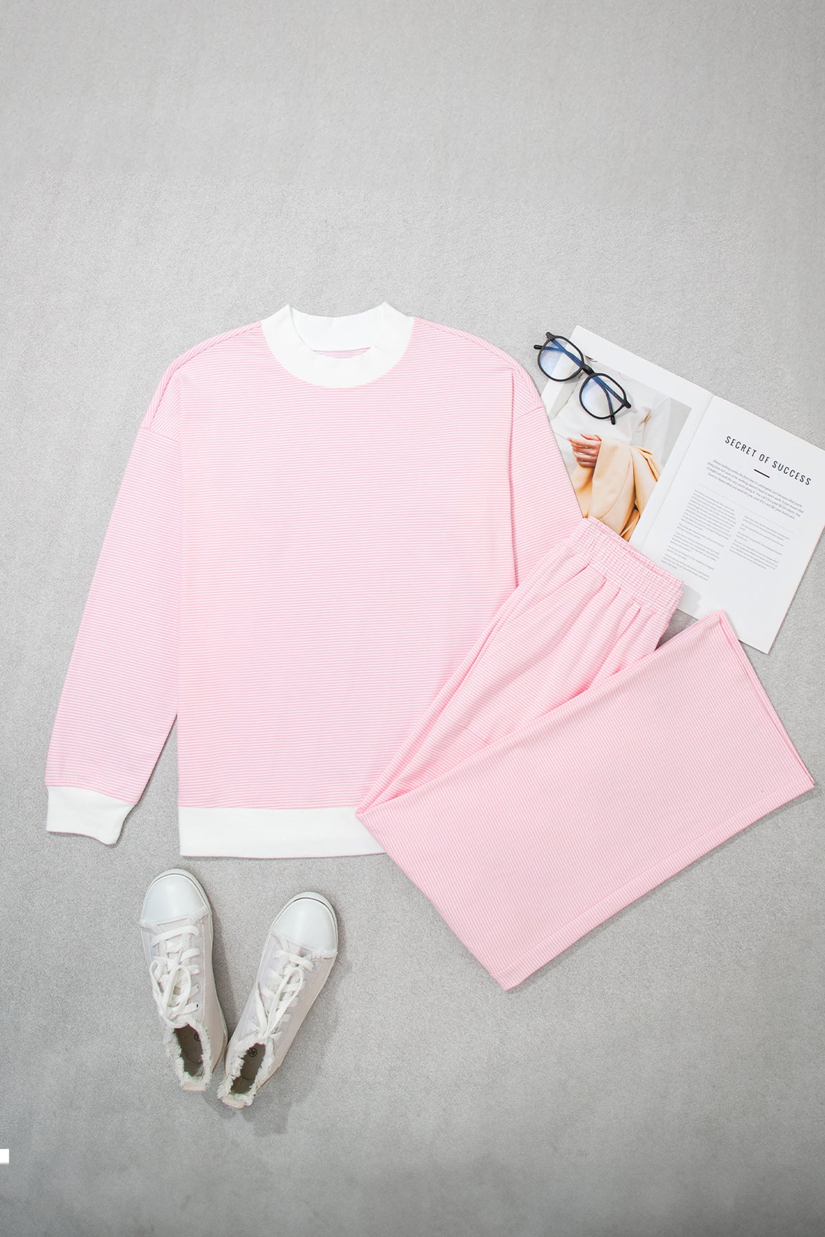 Pink Stripe Color Block Trim Mock Neck Pullover Drawstring Pants Casual Outfit