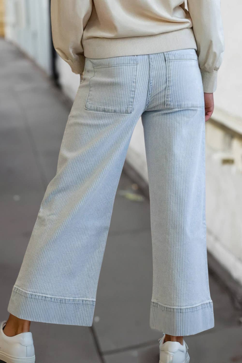 Casual Flap Pocket Cuffed Hem Wide Leg Jeans | 4-16: Sky Blue Stripe / 8