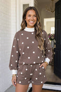 LAS Polka Dot Mock Neck 2pcs Shorts Set (S-XL): Brown / S
