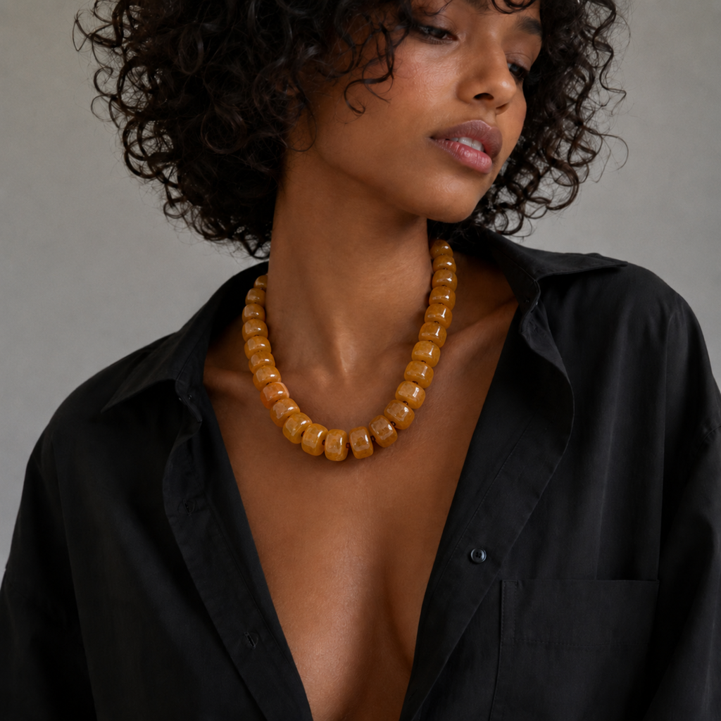 Chunky Resin & Natural Stone Bead Necklace: Honey Caramel