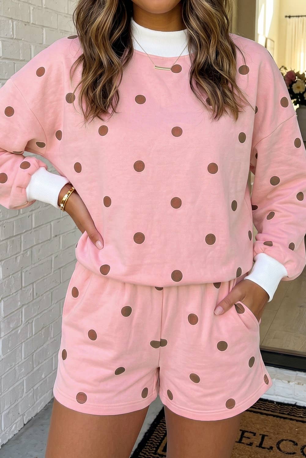 LAS Polka Dot Mock Neck 2pcs Shorts Set (S-XL): Brown / XL